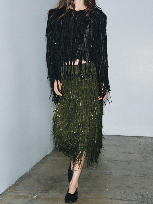 FRINGED SEQUIN SKIRT