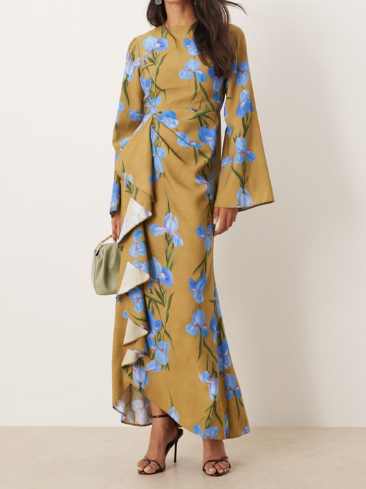 Long Sleeve Maxi Dress With Oversize Floral Print Ruffled Skirt