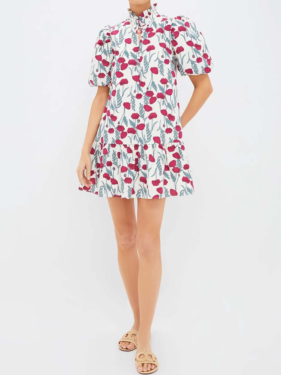 Floral Print Stand Ruffle Collar Mini Dress
