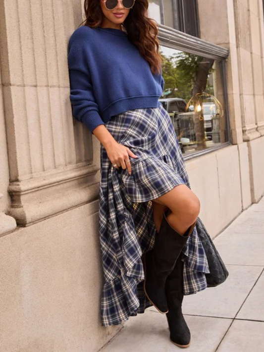 Open Plaid High Low Midi Skirt