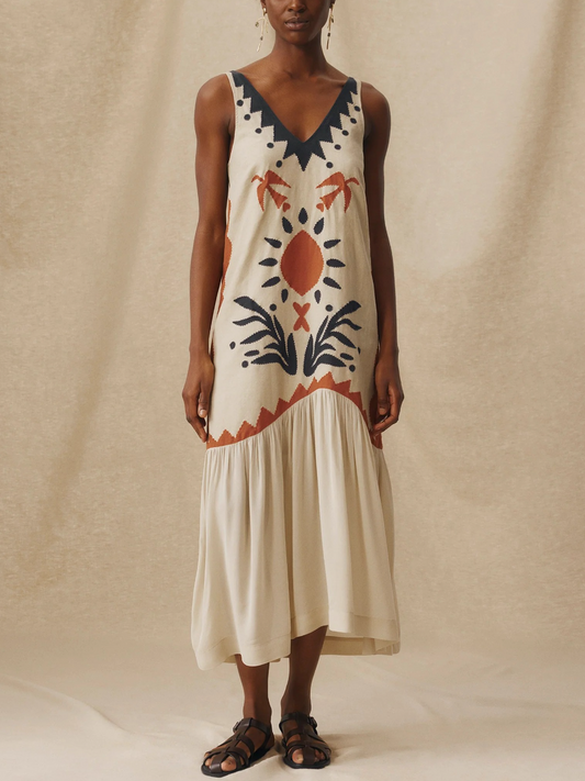 Cotton Linen Embroidered Drop Waist Midi Dress