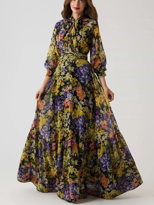 Chiffon Floral Print Tie Neck Gown