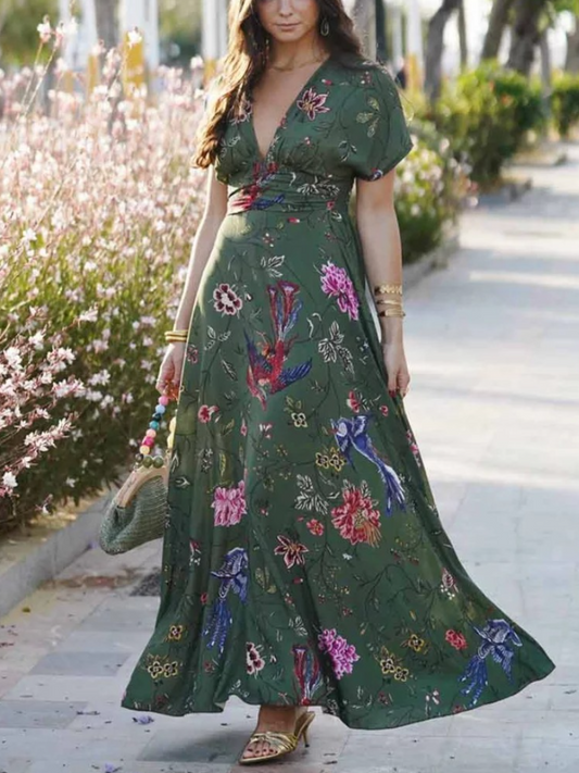 Forest Green Floral And Bird Printed Maxi Dress