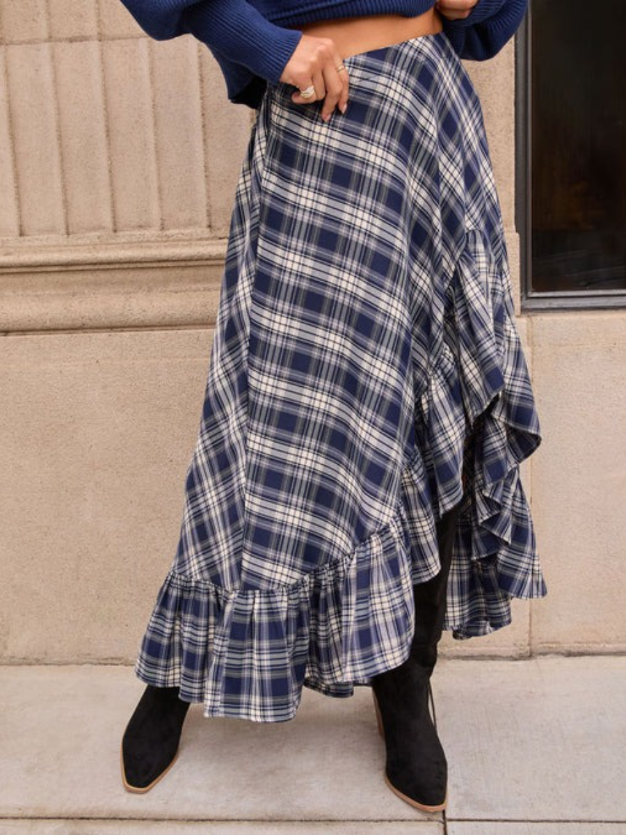 Open Plaid High Low Midi Skirt