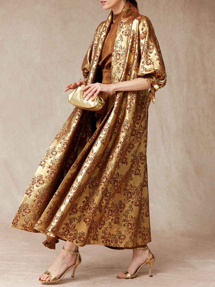Golden Printed Long Kimono Coat