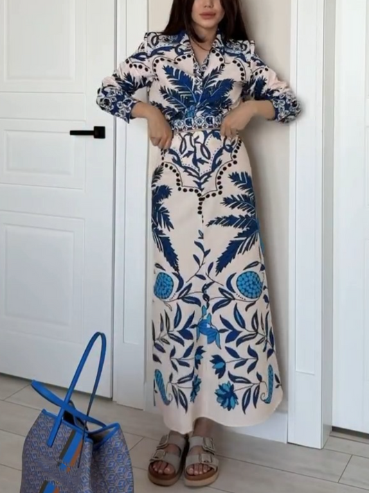 Blue Palm Tree Printed Long Sleeve Dress