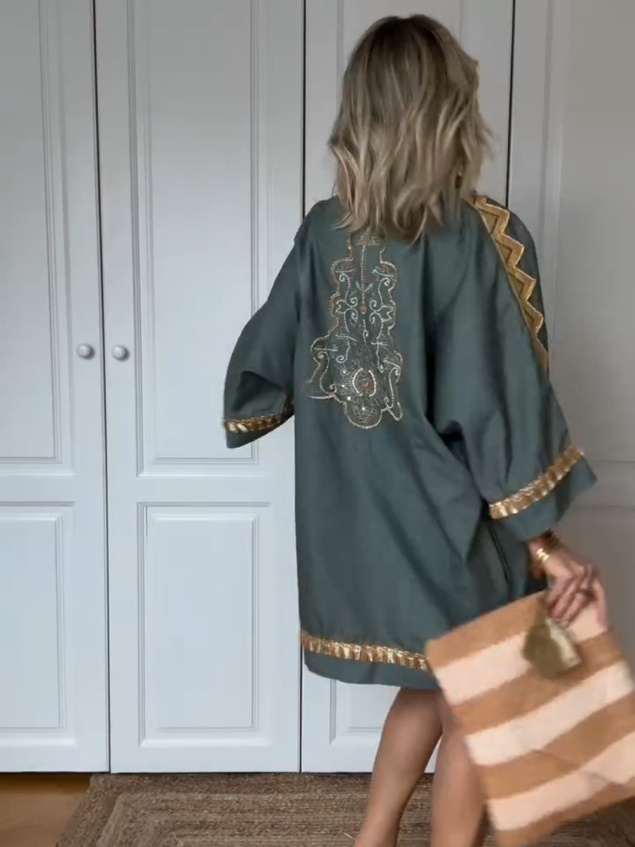 Summer Gold Leaf Embroidered Mini Dress