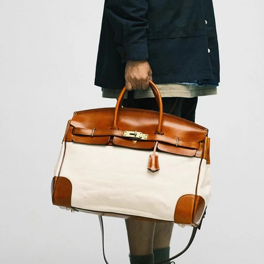 Two-Tone Canvas And Leather Handbag