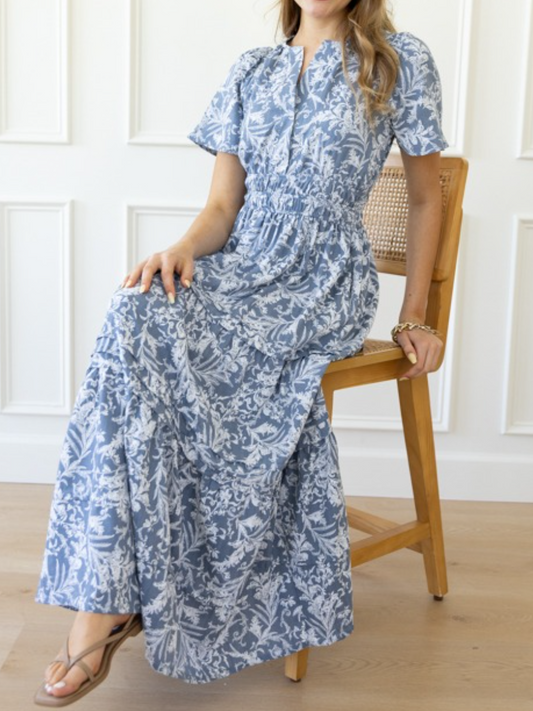 Blue Grey Floral Meadow Maxi Dress
