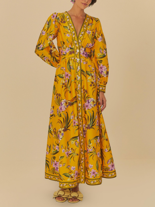 Yellow Flower Bird Sleeves Long Dress