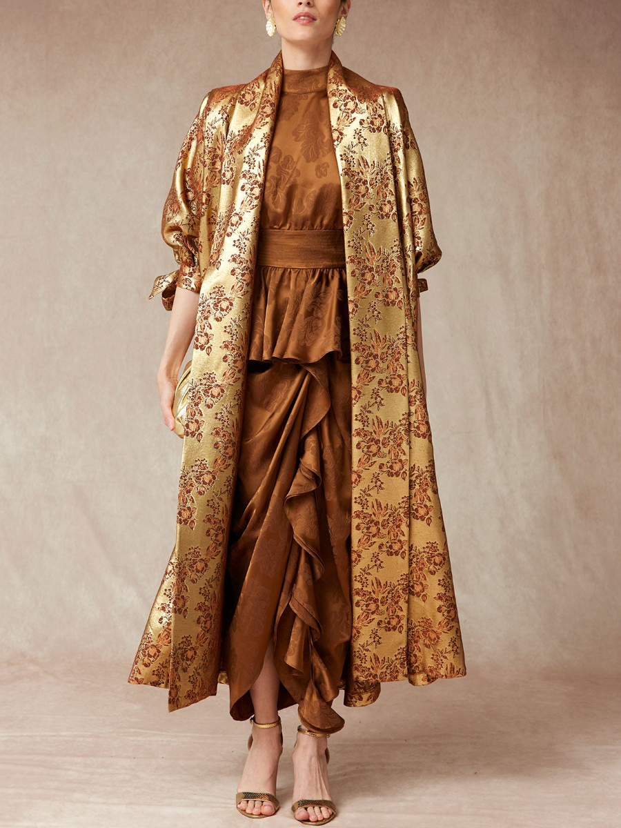 Golden Printed Long Kimono Coat