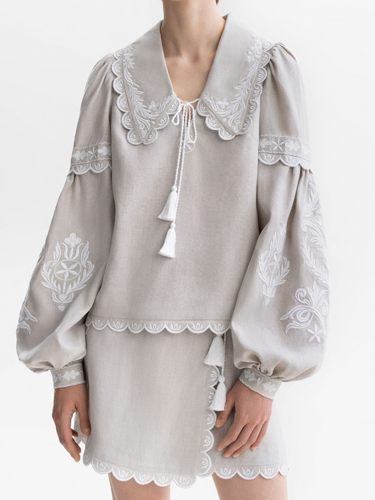 Gray Linen Blouse With White Embroidery
