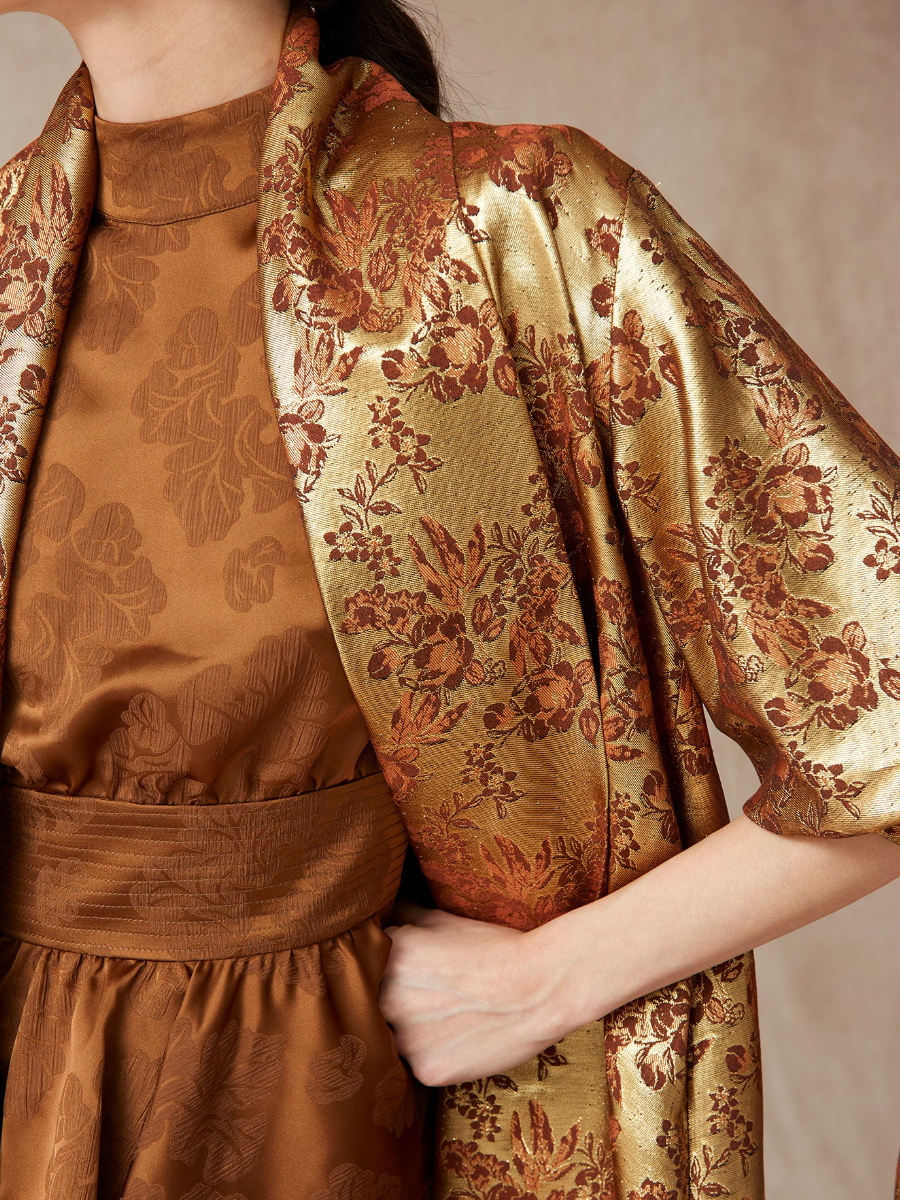 Golden Printed Long Kimono Coat