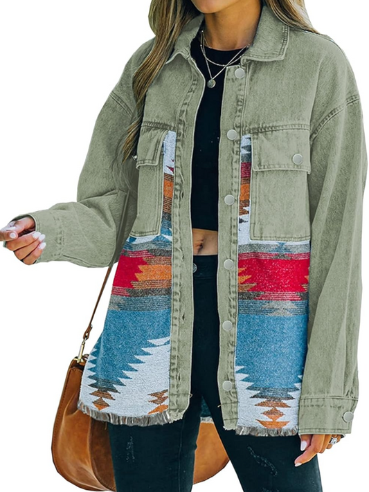 Women's Lapel Long Sleeve Vintage Button Down Denim Jacket