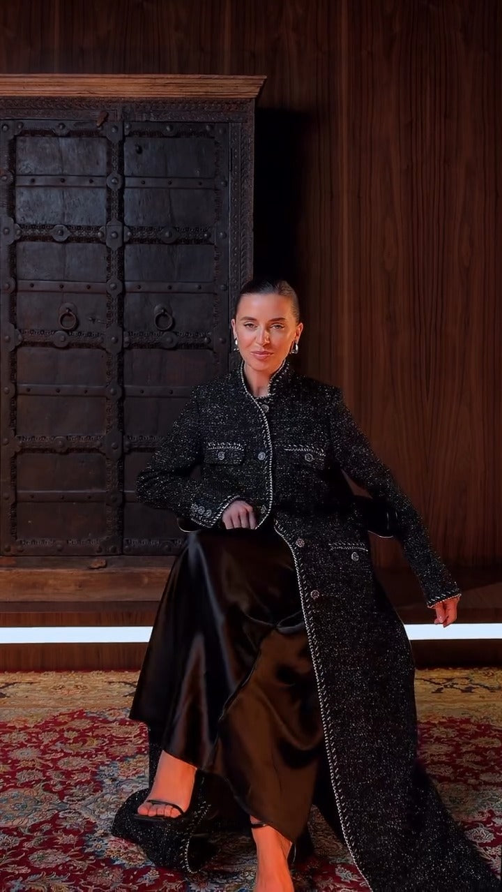 Stand Collar Tweed Longline Coat