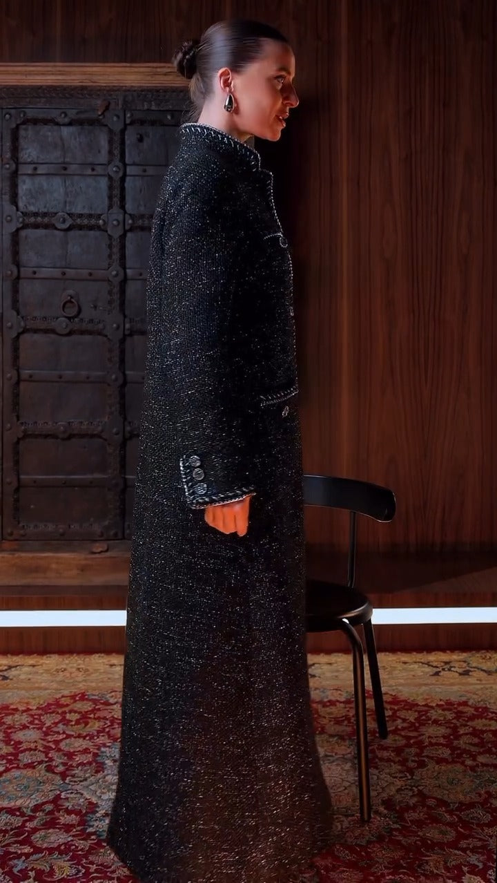 Stand Collar Tweed Longline Coat