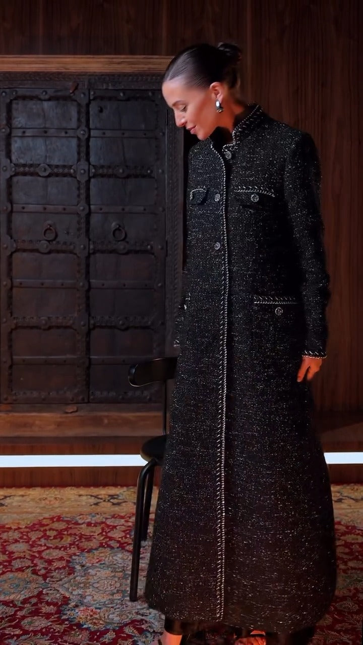 Stand Collar Tweed Longline Coat