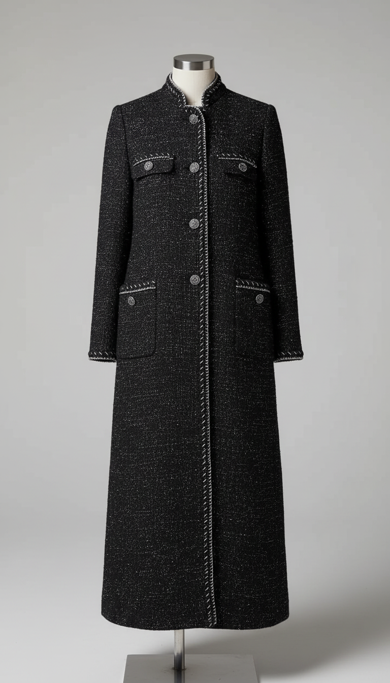 Stand Collar Tweed Longline Coat
