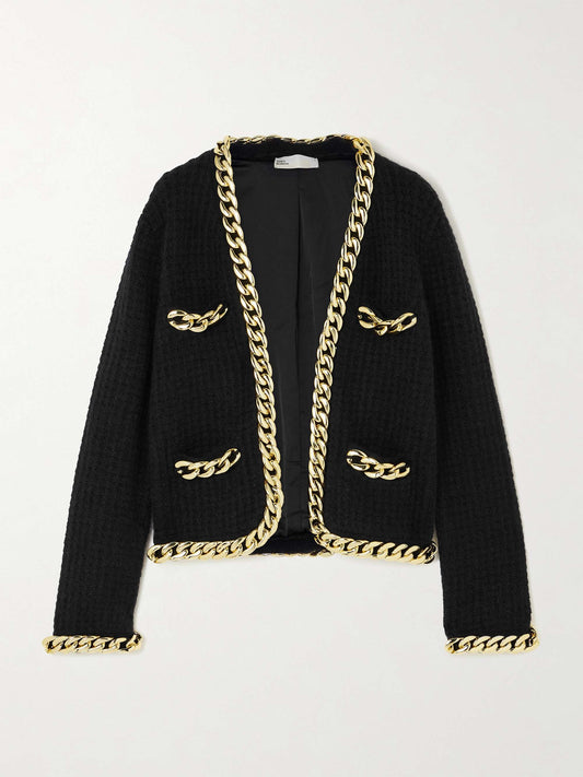 Chain-Embellished Waffle-Knit Cardigan
